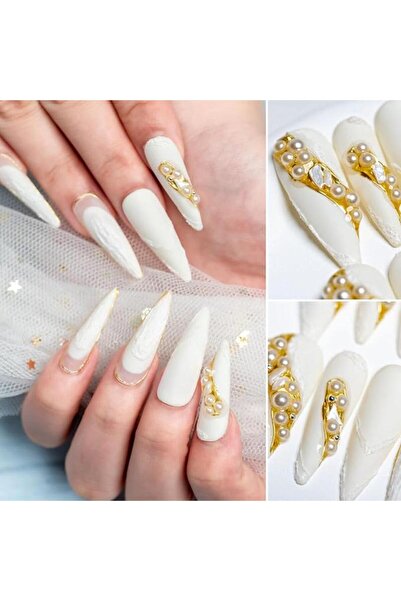 OEM Long Stiletto Almond artificial nails, hand-painted pattern, with pearl rhinestones, a