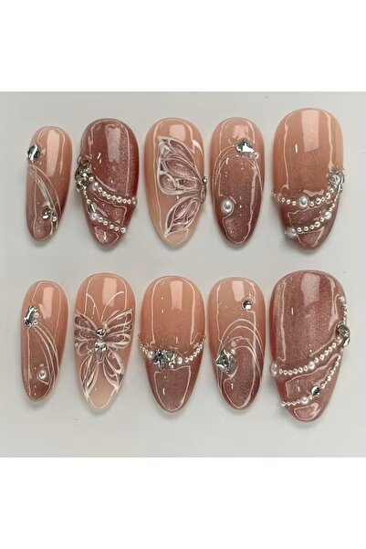 B&B Beauty 24 Adet Kedi Gözü Taşlı 3D Kelebekli Gradyan Parlak Orta Boy Badem...