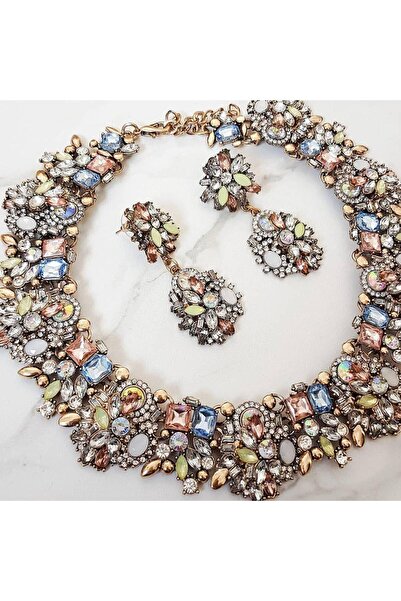 DESİGNEDBYD Büyük Yaka Çok Renkli Kolye Gerdanlık Küpe Seti Düğün Davet Mezun...