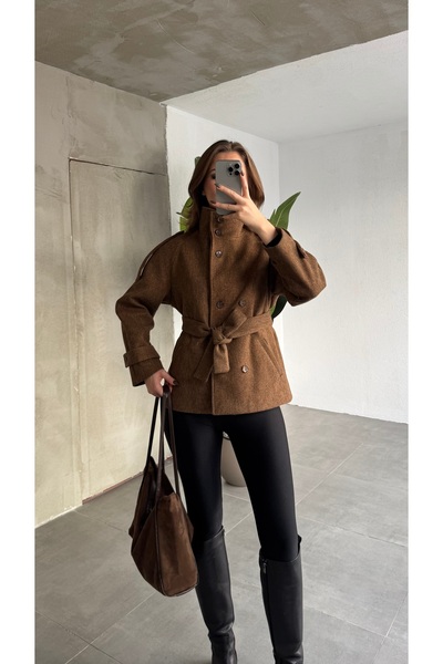 Lila Moda Short Oversized Lined Pocketed Cashmere Jacket Coat