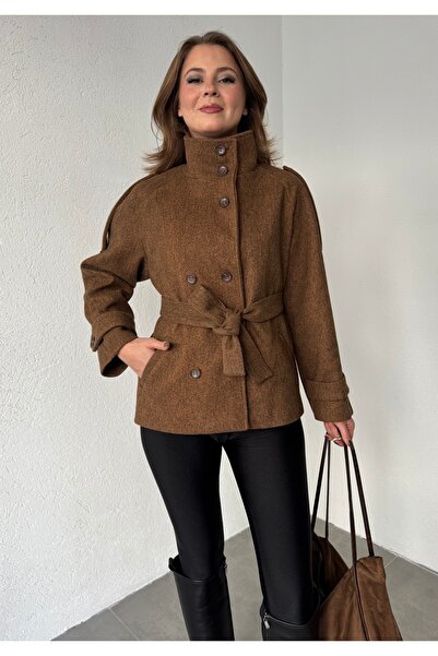 Lila Moda Short Oversized Lined Pocketed Cashmere Jacket Coat