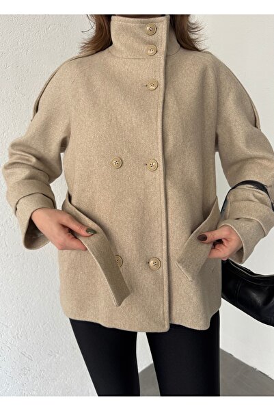 Lila Moda Short Oversized Lined Pocketed Cashmere Jacket Coat
