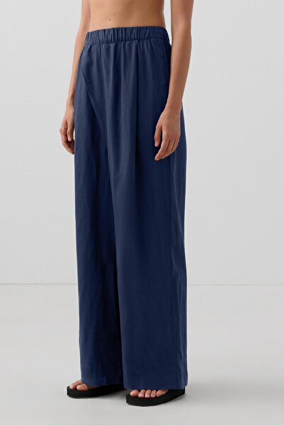 Oysho 100% linen wide straight-leg trousers with crossover front