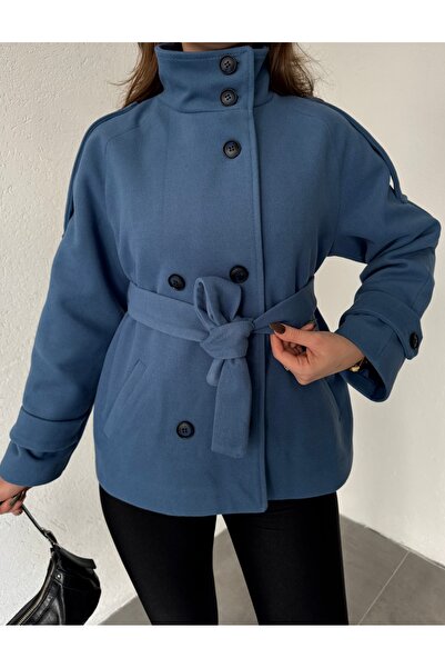 Lila Moda Short Oversized Lined Pocketed Cashmere Jacket Coat