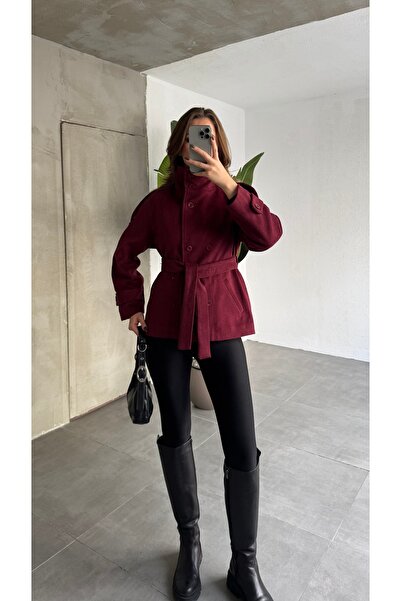 Lila Moda Short Oversized Lined Pocketed Cashmere Jacket Coat