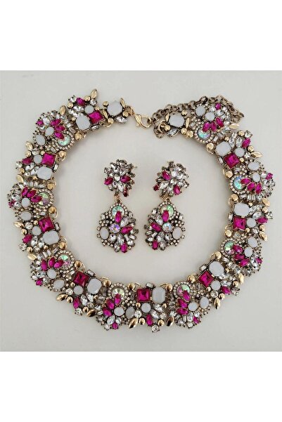 DESİGNEDBYD Büyük Yaka Çok Renkli Kolye Gerdanlık Küpe Seti Düğün Davet Mezun...