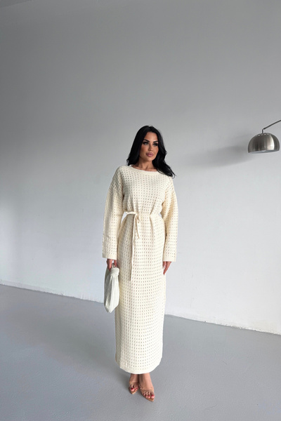 LİLA İSTANBUL Crew Neck Waist-Tied Lined Knitwear Cream Dress (S/M/L/Xl Compatible Standard Size)