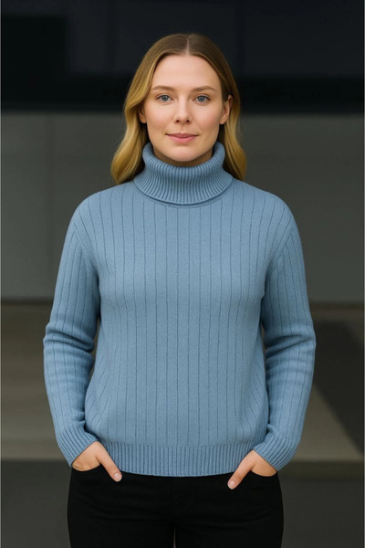 Kanonik Education Fisherman Collar Knitted Sweater Cotton Thick Corded Fabric Woven - Baby Blue