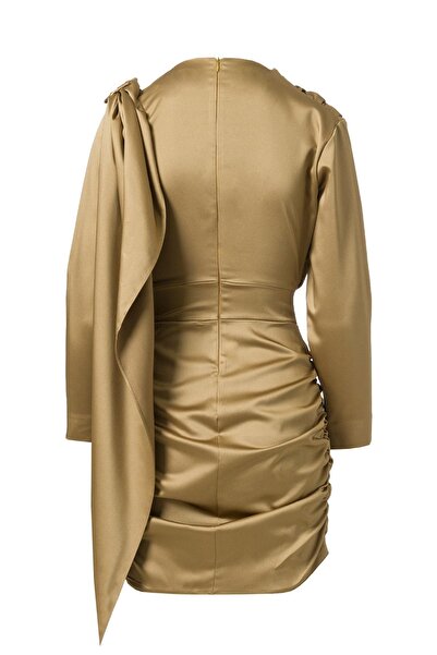 FACETTE Shawl Detail Satin Mini Dress Oil Green