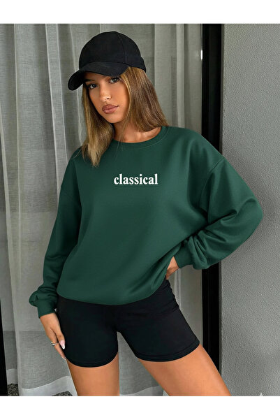 Trend Sizde Unisex Πράσινο Κλασικό Φούτερ με τύπωμα με λαιμόκοψη