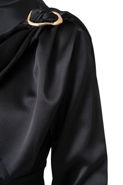 FACETTE Shawl Detail Satin Mini Dress Black