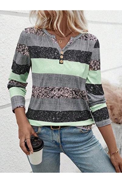 ALPACO Women's Long Sleeve Button down Collar Striped Pattern Single Jersey Blouse