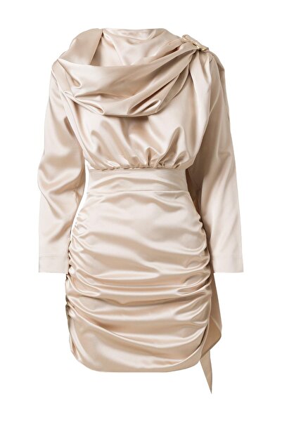 FACETTE Shawl Detail Satin Mini Dress Beige