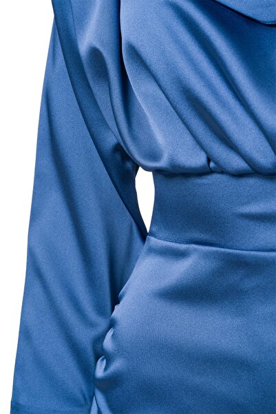 FACETTE Shawl Detail Satin Mini Dress Indigo