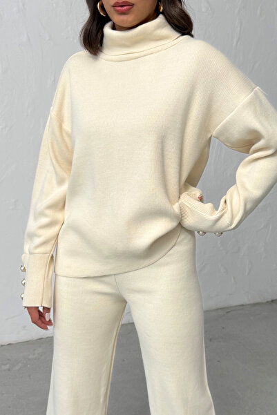 Lusin Women's Cream Sleeve Button Detailed Blouse Skirt Bottom Top Two-Piece Knitwear Set