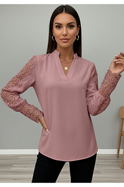 Little Visqon Modern Kesim Hakim Yaka Kolları Dantel Detaylı Şık Bluz