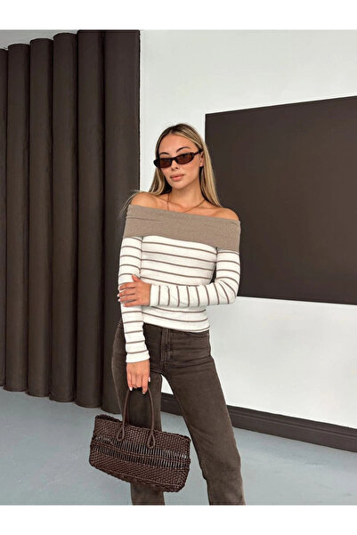 TH COLLECTİON Striped Madonna Collar Camisole Blouse Beige A844 - S