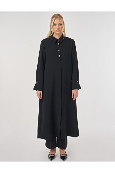 Kayra Shiny Buttoned Long Tunic Black