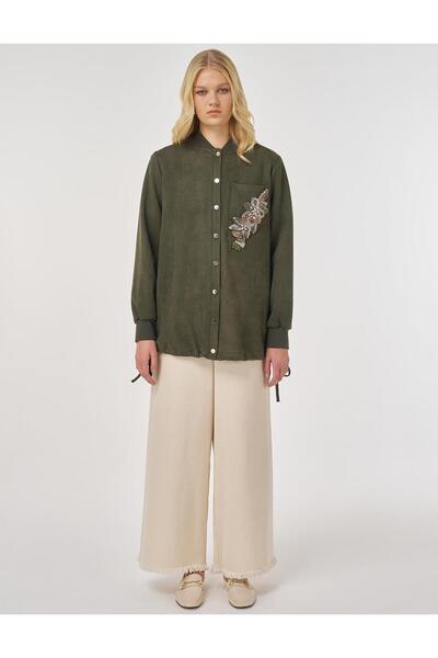 Kayra Embroidered Suede Tunic Dark Khaki