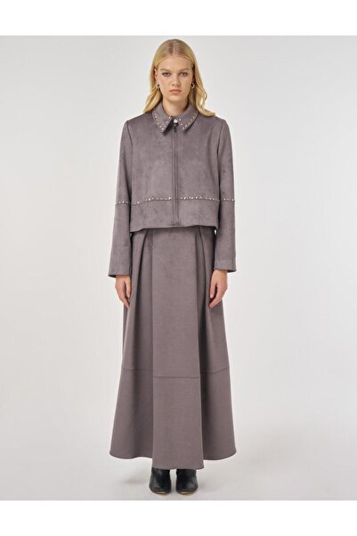 Kayra Trok Printed Suede Skirt Suit Smoked