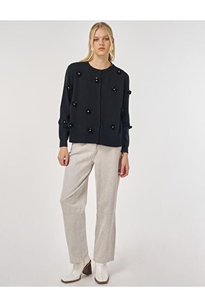 Kayra Floral Embroidered Knitwear Cardigan Black