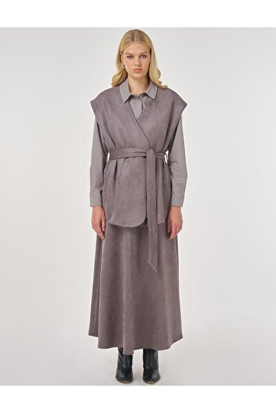 Kayra Suede Skirt Suit with Belt Detail Smoked