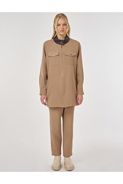 Kayra Leather Collar Comfortable Cut Double Suit Dark Mink