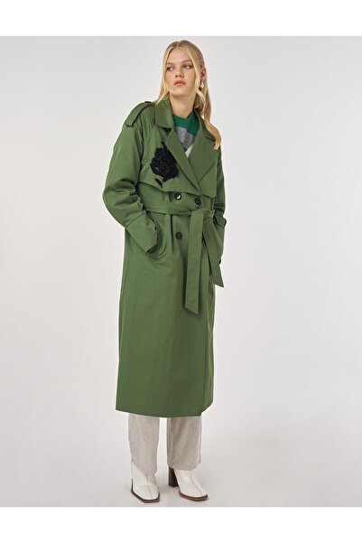 Kayra Trench Coat with Embroidery Detail Forest Green