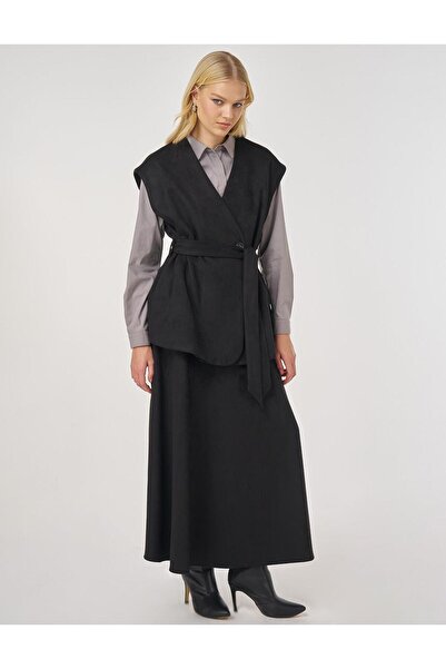 Kayra Suede Skirt Suit with Belt Detail Black