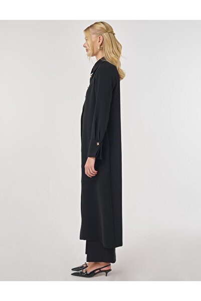 Kayra Shiny Buttoned Long Tunic Black
