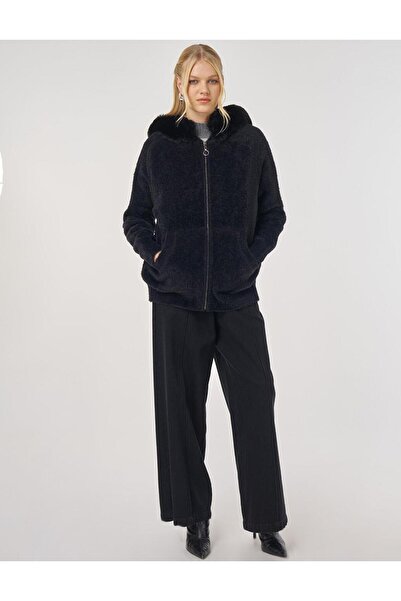 Kayra Fur Detailed Knitwear Cardigan Black