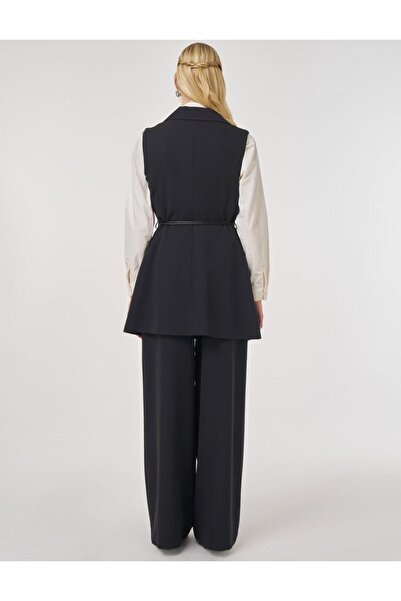 Kayra Leather Rope Belt Detailed Y Vest Set Set Black