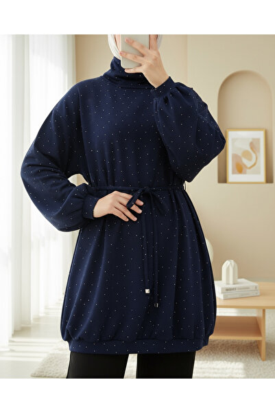 Modamorfo Half-High Collar Sweatshirt with Elasticated Waist and Lace-Up Deta...