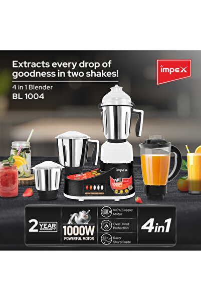 İMPEX 4in1 Mixer Grinder 1200W BL1004B, 100% Copper Motor, SS Jars, 3 Speed, Overheat Protection