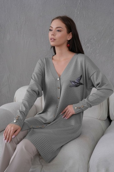 FLEX FASHION Women's Trend Thin Textured V-Neck 85 cm Pocketless Popular Long Cardigan