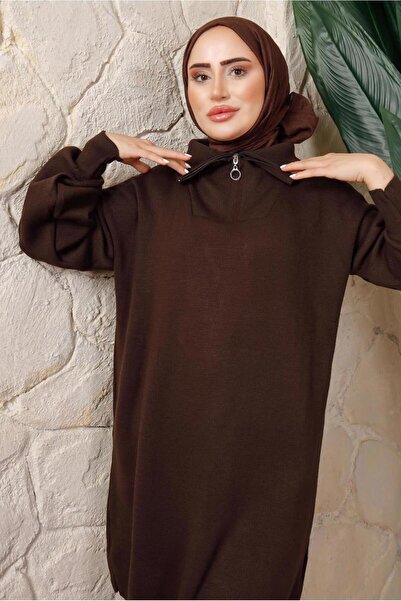 TRENDTESETTÜR Women's Brown Zippered Knit Tunic t 4208-1