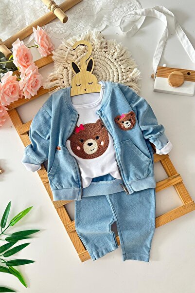 Minigimin Cicileri My Little One's Cicileri Baby Girl Teddy Bear Poncho Detailed Embroidery 3-Piece Soft Denim Set - Light Blue