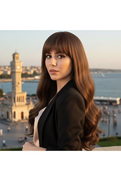 Seçkin Trend Perucă sintetică lungă și ondulată din fibre cu breton / caramel maro