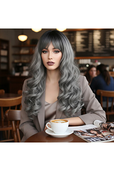 Ethab Ticaret شعر مستعار طويل مموج من الألياف / أسود / رمادي أومبري