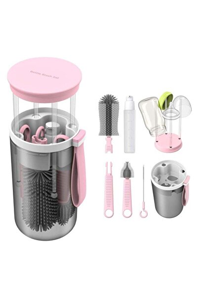 Saharaz Travel Baby Bottle Brush Set with Extendable Liquid Silicone Bottle Brush, Brush, (Pink)