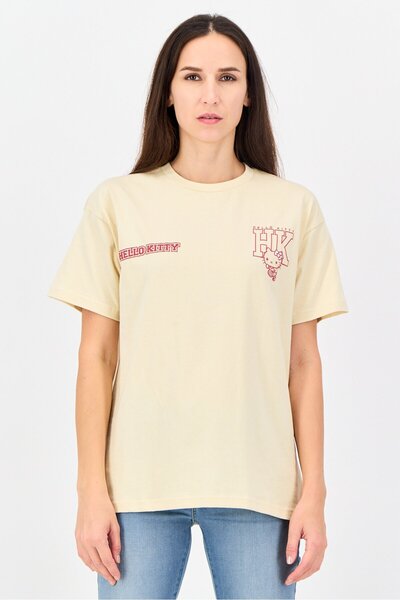 Disney Hello Kitty Women Crew Neck Short Sleeve Brand Logo T-Shirt, Beige