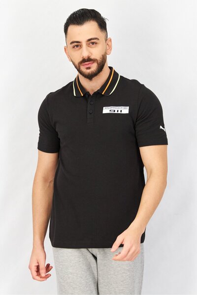 Puma Men Sportswear Fit Printed Short Sleeve Polo Shirt, Black