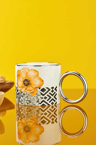 Cooker 200 ml Flower Patterned Porcelain Mug with Silver Handle