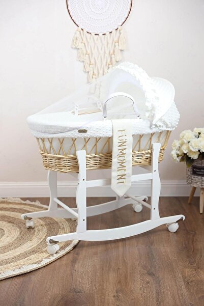 Mini Baby Moses basket baby bed with wooden stand and white wheels - FUN MOMENT