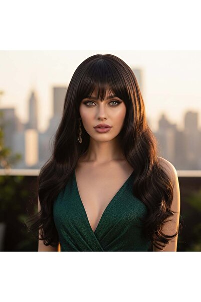 Seçkin Trend Perucă sintetică lungă și ondulată din fibre cu breton / maro