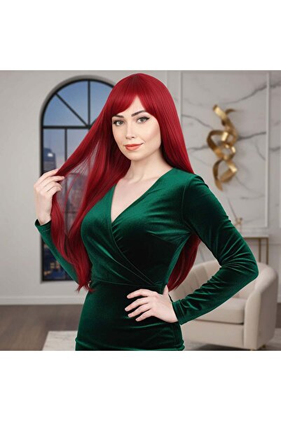 Seçkin Trend Perucă lungă și dreaptă din fibre sintetice cu breton / roșu