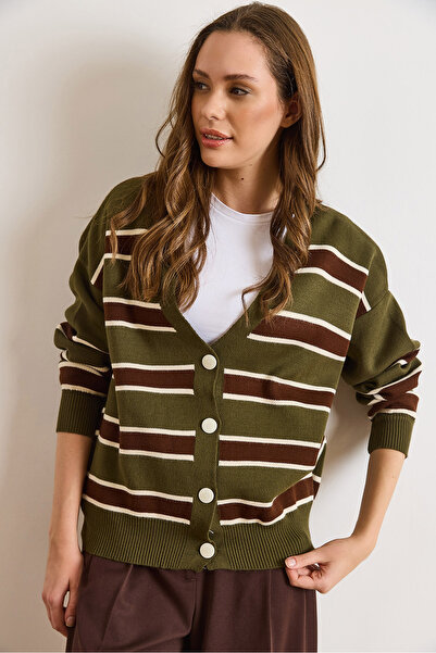 Olalook Women's Khaki Brown Striped Oversized Knitwear Cardigan Hrk-19000446