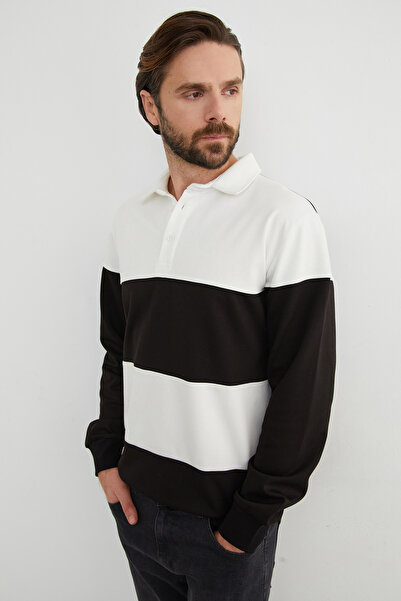 Fulla Moda Color Block Polo Neck Half Button Sweatshirt