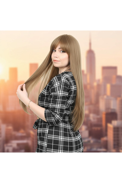 Seçkin Trend Perucă lungă și dreaptă din fibre sintetice cu breton / Baby Auburn