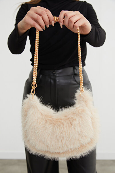 Fulla Moda Faux Fur Handbag with Chain Strap and Zipper Closure